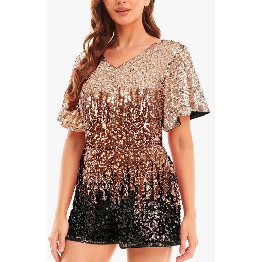 MANER L Sequin Romper Sparkly Short Jumpsuit Flutter Sleeve Brown/Black Swiftie